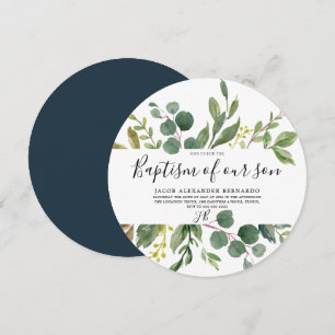 Modern Green Leaf Boy or Girl Baptism Christening Invitation