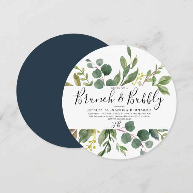 Modern Green Leaf Bridal Shower Brunch & Bubbly Invitation (Front/Back)