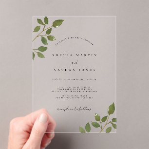 Modern Green Leaf Clear Minimalist Wedding  Acrylic Invitations