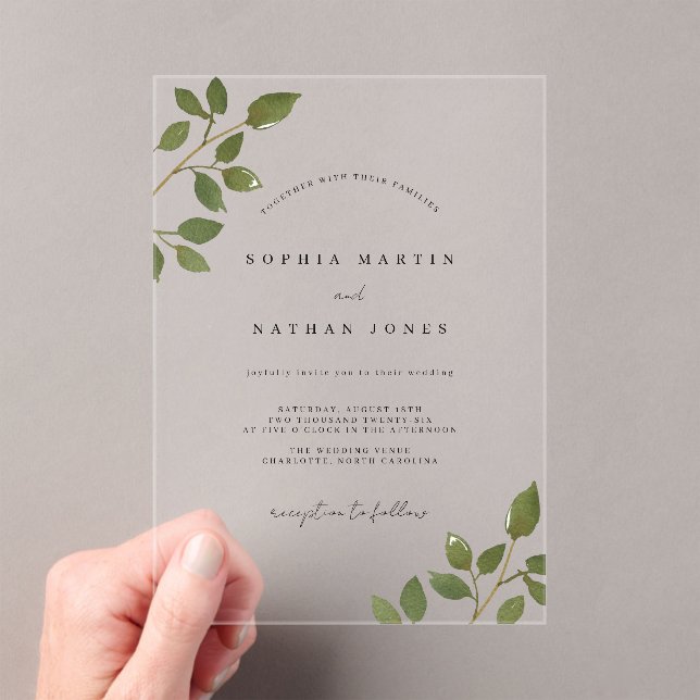 Modern Green Leaf Clear Minimalist Wedding  Acrylic Invitations (Insitu (Handheld))