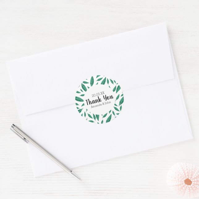 Modern green leaf dots plant pattern classic round sticker (Envelope)