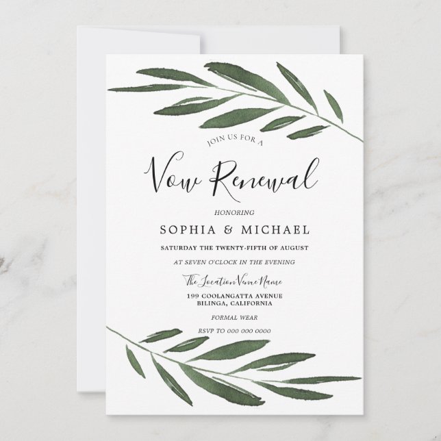Modern Green Leaf Elegant Vow Renewal Invitation (Front)