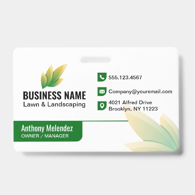 Modern Green Leaf Landscaping Logo ID Badge (Front)