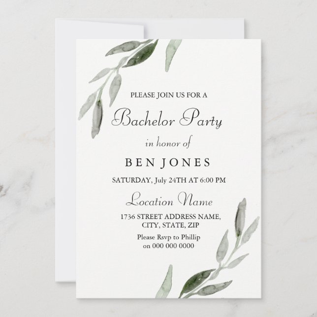 Modern Green Leaf Mens Bachelor Party Invitation (Front)