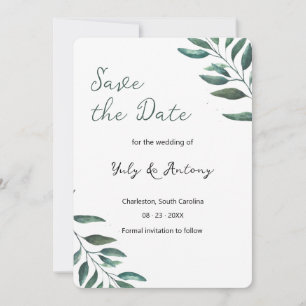 Modern Green Leaf Minimalist Elegant Save The Date