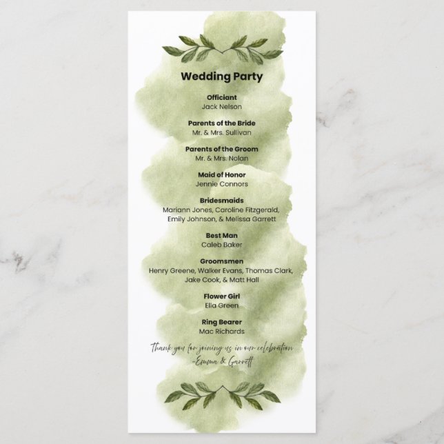 Modern Green Leaf Minimalist Wedding Program Programme (Back)