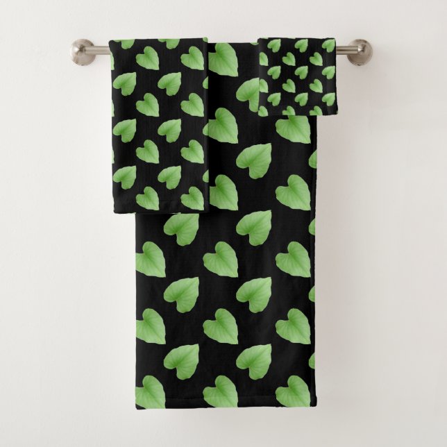 Modern Green Leaf Pattern on Black Bath Towel Set (Insitu)