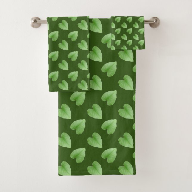 Modern Green Leaf Pattern on Forest Green Bath Towel Set (Insitu)