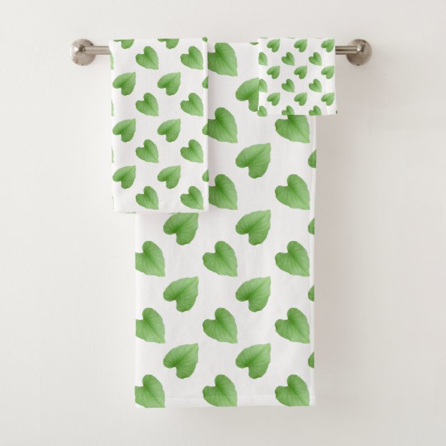Modern Green Leaf Pattern on White  Bath Towel Set (Insitu)