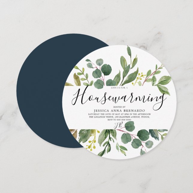 Modern Green Leaf Watercolor Housewarming Party Invitation (Front/Back)