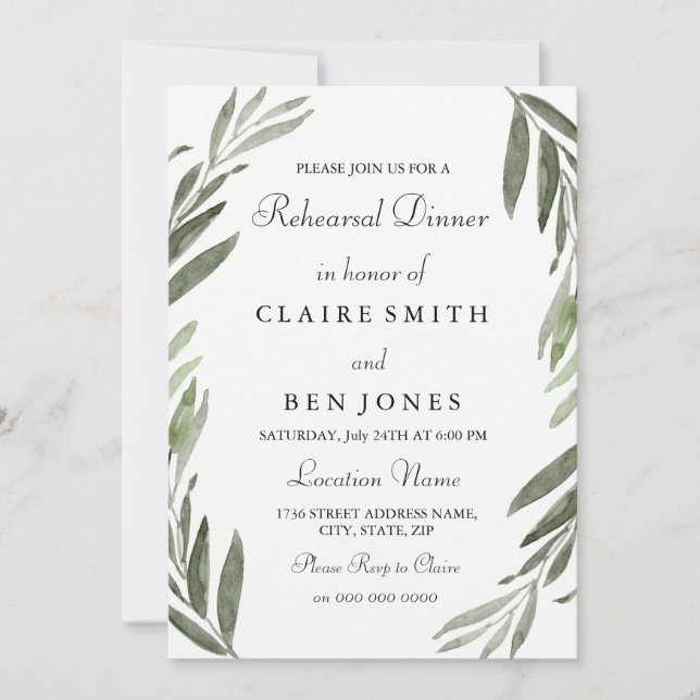 Modern Green Leaf Wedding Rehearsal Dinner Invite (Front)