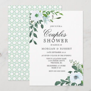 Modern Green Leaf White Floral Couples Shower Invitation