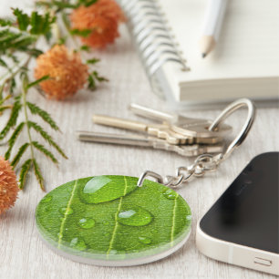 Modern Green Leaf with Raindrops  Key Ring
