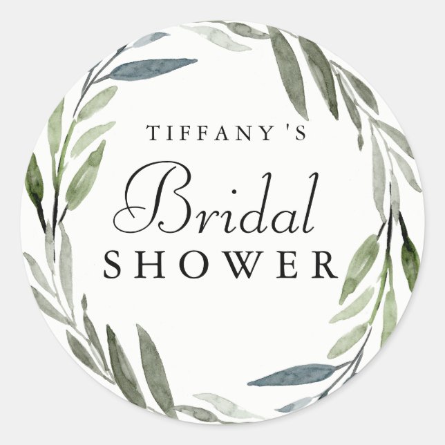 Modern Green Leaf Wreath Bridal Shower Sticker (Front)