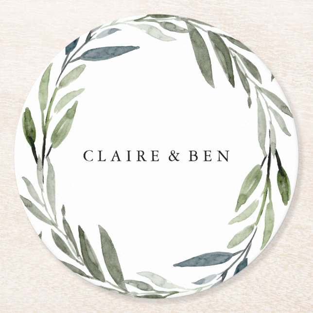 Modern Green Leaf Wreath Wedding Engagement Party Round Paper Coaster (Front)