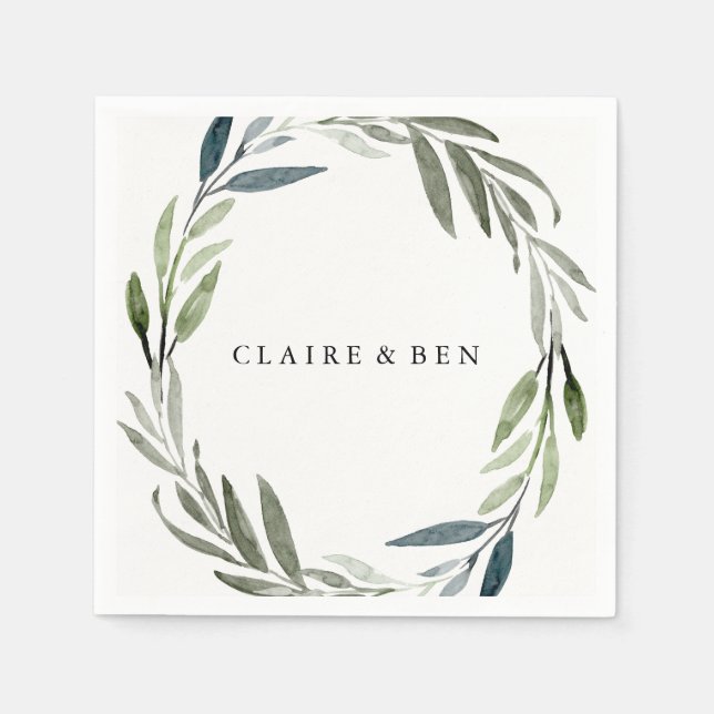 Modern Green Leaf Wreath Wedding Napkin (Front)