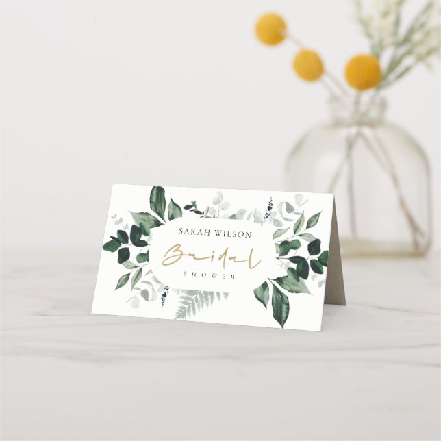 Modern Green Leafy Tropical Foliage Bridal Shower Place Card (Front)