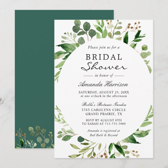 Modern Green Leaves Foliage Frame Bridal Shower Invitation (Front/Back)