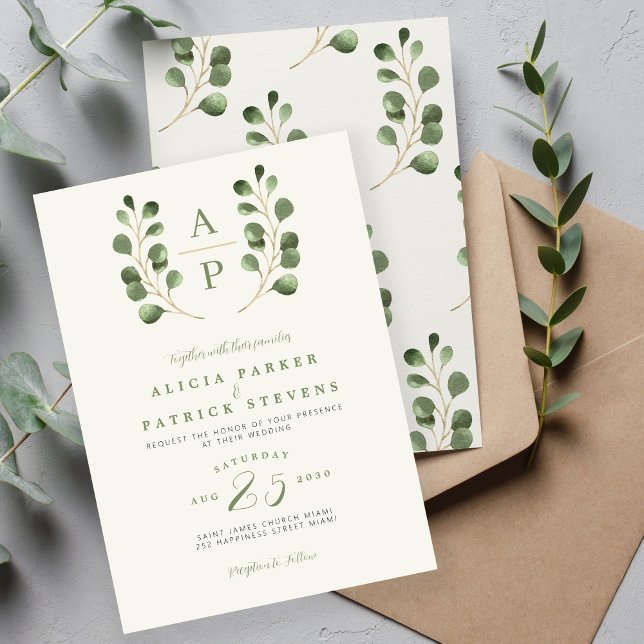 Modern green leaves monogram wedding  invitation (Creator Uploaded)