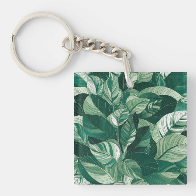 Modern Green Leaves Pattern Key Ring (Front)