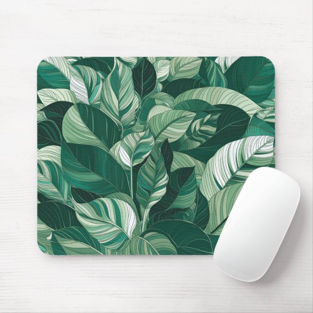 Modern Green Leaves Pattern Mouse Mat (With Mouse)