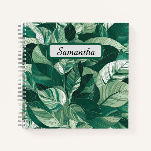 Modern Green Leaves Pattern Personalised Notebook (Front)