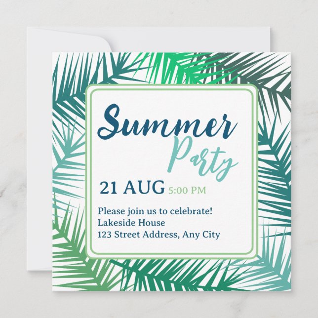 Modern Green Leaves Summer Party Invitation (Front)