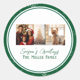 Modern Green Line Holiday Photo Classic Round Sticker