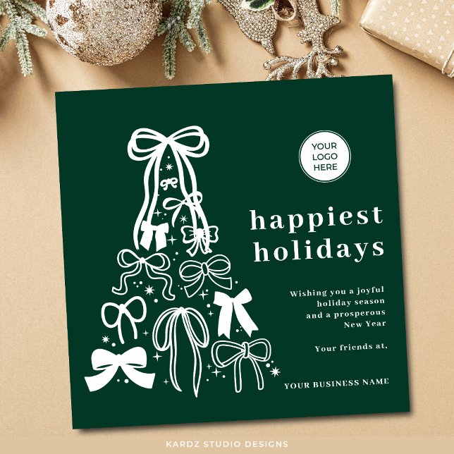 Modern Green Logo Christmas Tree Business Holiday Card (Card shown in 5.25 x 5.25, add your logo and message, choose paper and corner style.)