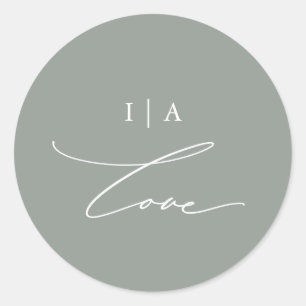 Modern Green Love Calligraphy Monogram Wedding Classic Round Sticker