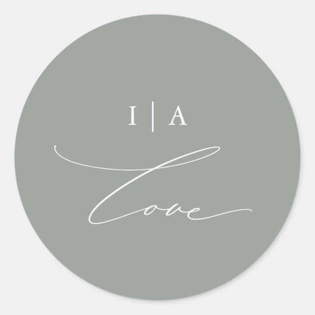 Modern Green Love Calligraphy Monogram Wedding Classic Round Sticker (Front)