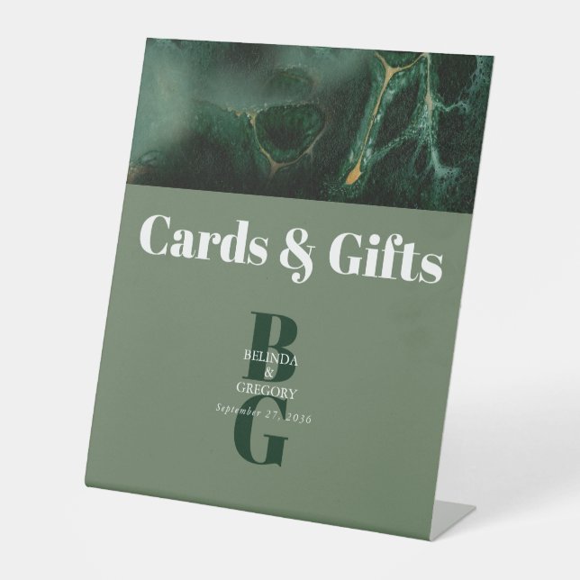 Modern Green Marble Monogram Wedding Cards Gifts Pedestal Sign (Front)