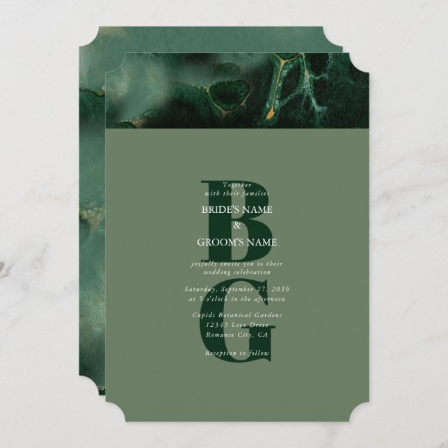 Modern Green Marble Monogram Wedding  Invitation (Front/Back)