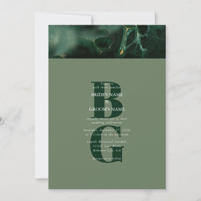 Modern Green Marble Monogram Wedding Invitation (Front)