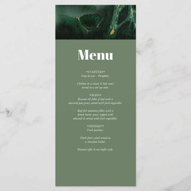 Modern Green Marble Monogram Wedding  Menu (Front)