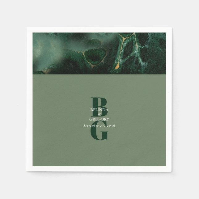 Modern Green Marble Monogram Wedding Napkin (Front)