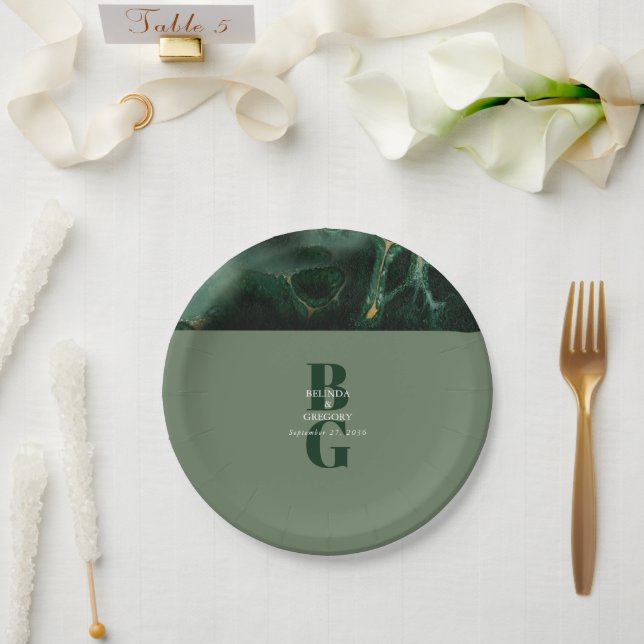 Modern Green Marble Monogram Wedding   Paper Plate (Wedding)