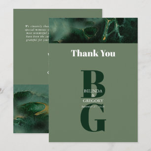 Modern Green Marble Monogram Wedding  Thank You Card