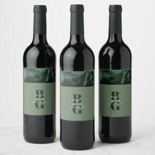 Modern Green Marble Monogram Wedding  Wine Label