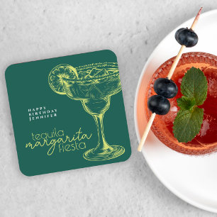 Modern Green Margarita Fiesta Birthday Party Square Paper Coaster