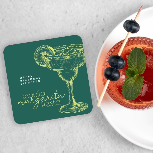 Modern Green Margarita Fiesta Birthday Party Square Paper Coaster (Creator Uploaded)