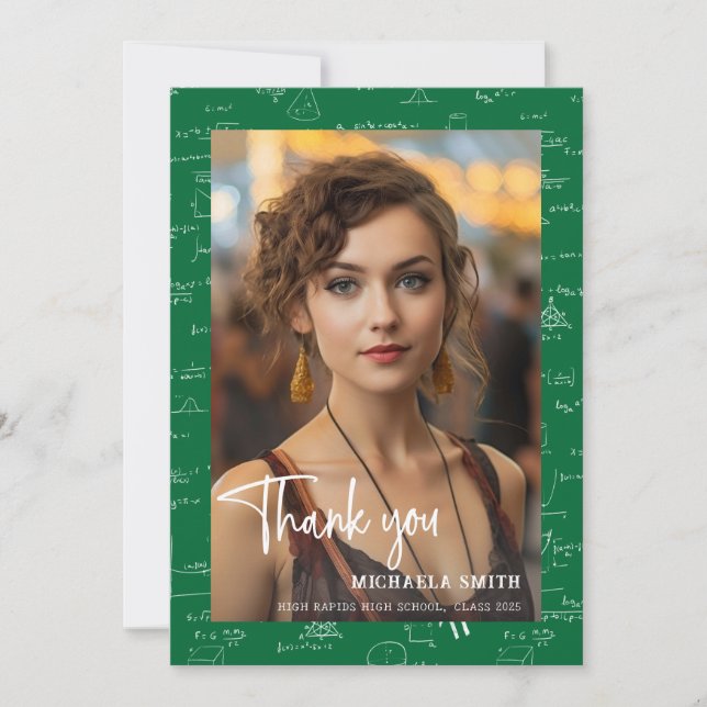 Modern Green Math Script Photo Graduation  Thank You Card (Front)