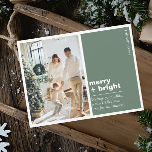 Modern Green “Merry + Bright” Christmas Photo Postcard