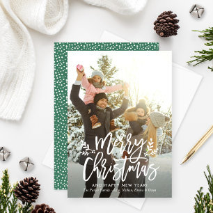 Modern Green Merry Christmas Brushed Script Photo Holiday Card