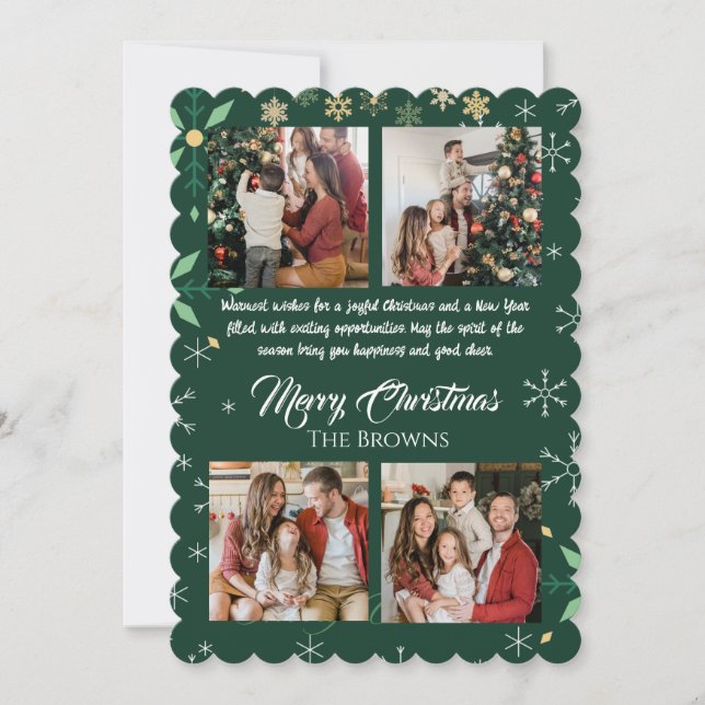 Modern Green Merry Christmas Four Photo Collage  Holiday Card (Front)