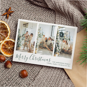 Modern Green Merry Christmas Four Photo Collage Holiday Card