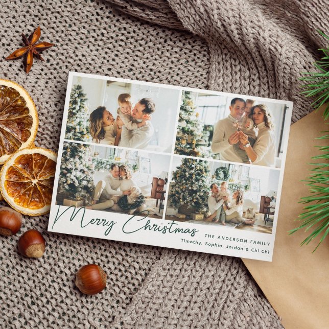 Modern Green Merry Christmas Four Photo Collage  Holiday Card (Creator Uploaded)