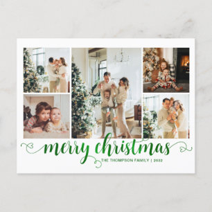Modern Green Merry Christmas Heart Script 5 Photo Holiday Postcard
