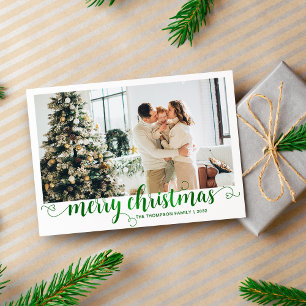 Modern Green Merry Christmas Heart Script Photo Holiday Card