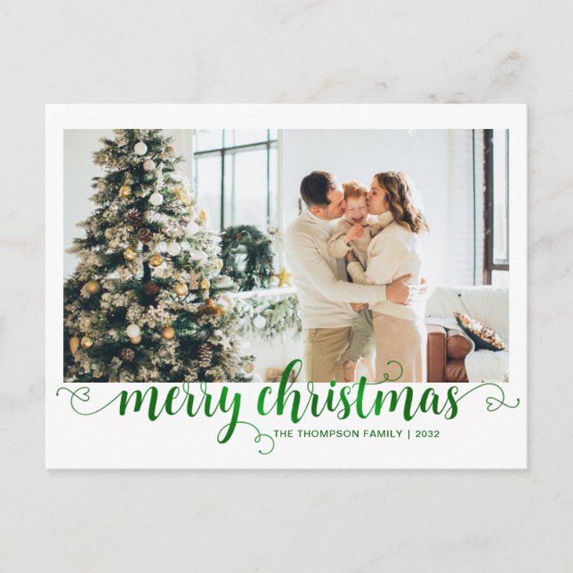 Modern Green Merry Christmas Heart Script Photo Holiday Postcard (Front)